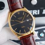 Yellow Gold Rolex Cellini Black Dial Brown Leather Strap Replica Watch